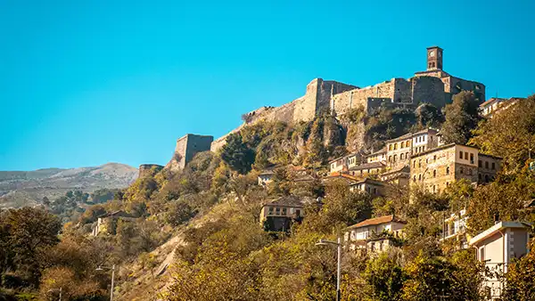 Stone houses and castle scenery in UNESCO-listed Gjirokaster, Albania