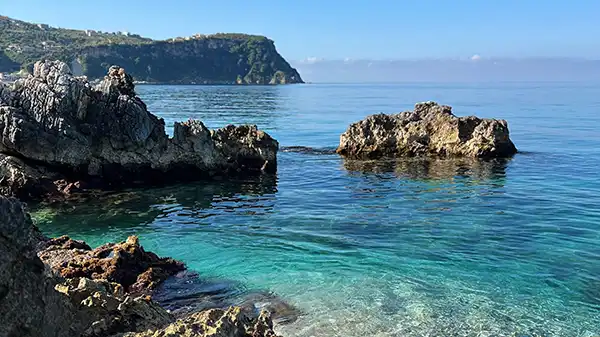 Himare beach town and clear Ionian water on the Albanian Riviera