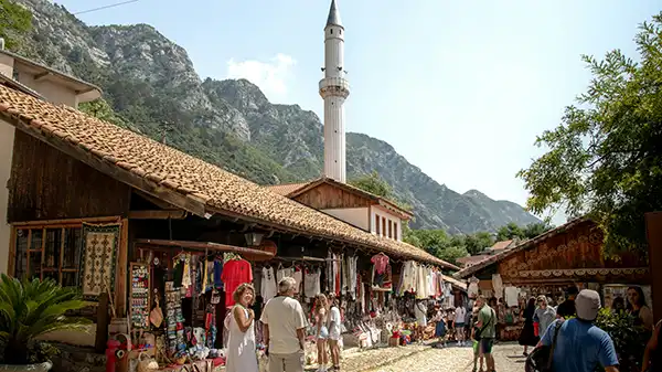 Historic Kruje and its castle beneath the mountains of central Albania