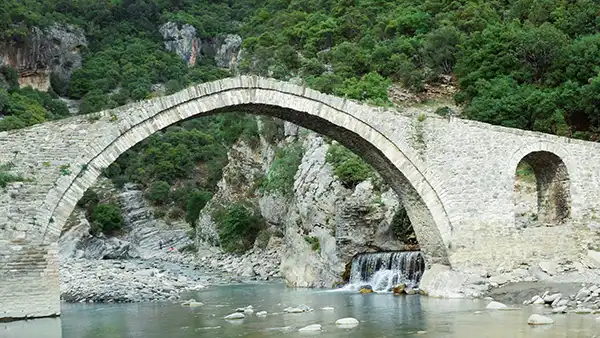 Permet town and Vjosa Valley mountain scenery in southern Albania