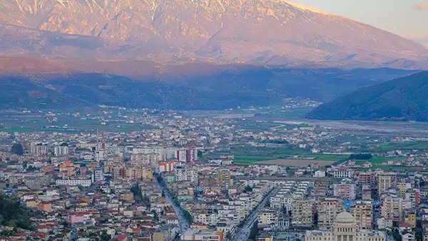 View across Shkoder in northern Albania near the lake and Albanian Alps