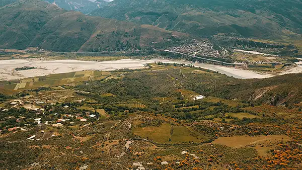 Tepelena town and river valley landscape in southern Albania