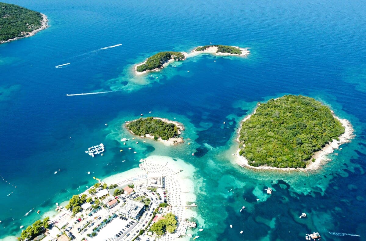 Ksamil islands and turquoise water on the southern Albanian Riviera