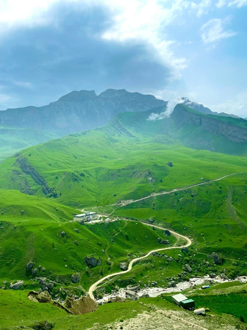 Green Caucasus mountain road near Laza village in Azerbaijan