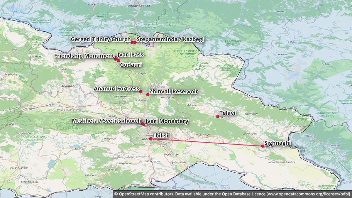 Map showing the Day 6 Kakheti route from Tbilisi to Sighnaghi, with Telavi marked as an alternative base