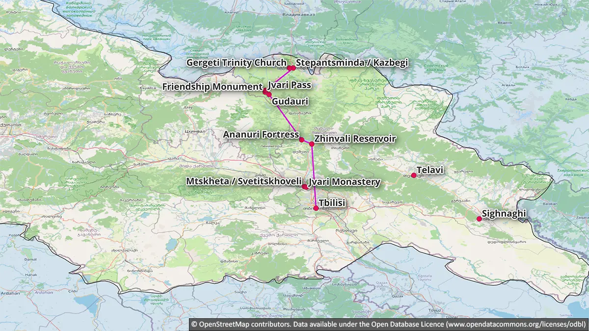 Map of the Georgian Military Highway route from Tbilisi to Stepantsminda via Zhinvali, Ananuri and Gudauri