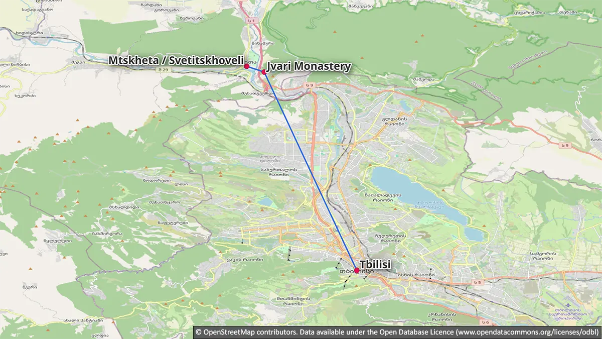 Map showing the Day 3 return trip from Tbilisi to Jvari Monastery and Mtskheta