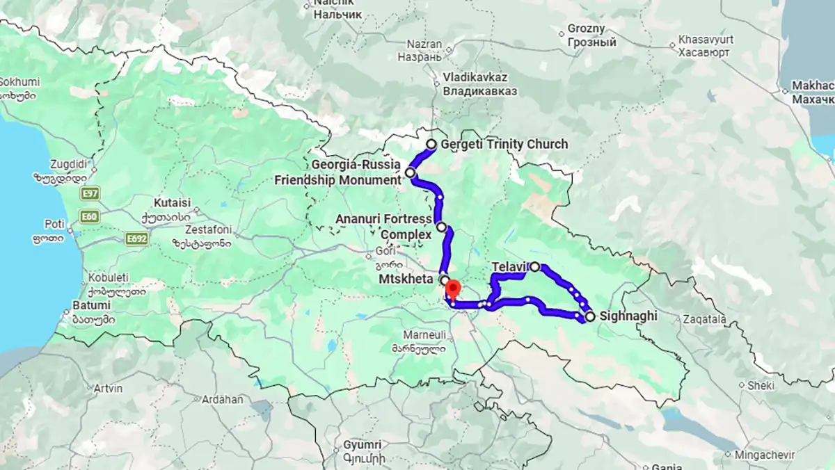 Mapa de un itinerario de siete días por Tiflis, Mtskheta, Kazbegi y Kakheti