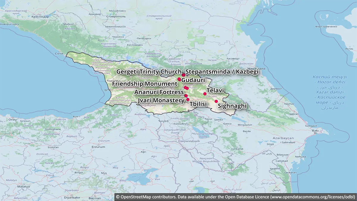 Map showing a seven-day Georgia itinerary based in Tbilisi, with separate trips to Mtskheta, Kazbegi and Kakheti