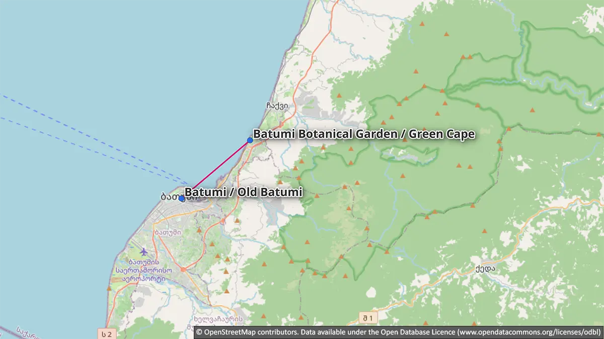 Mapa de la salida separada desde Batumi al Jardín Botánico y Cabo Verde