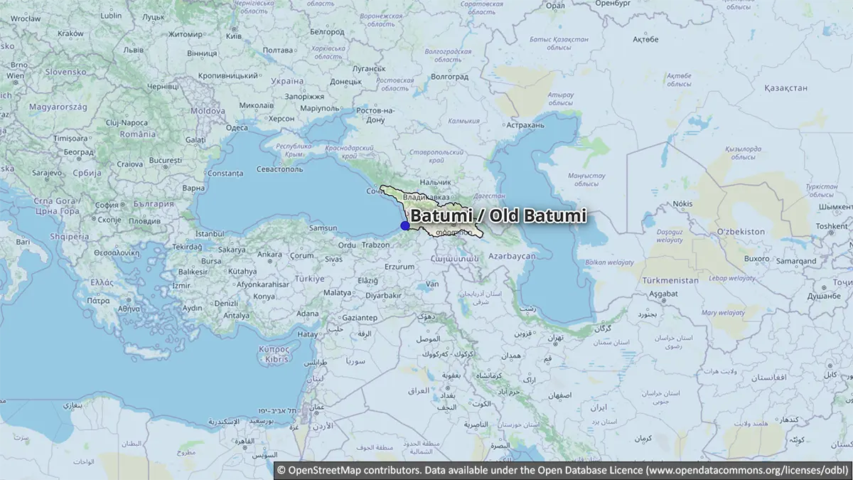 Mapa que sitúa Batumi en la costa georgiana del mar Negro, dentro de Adjaria