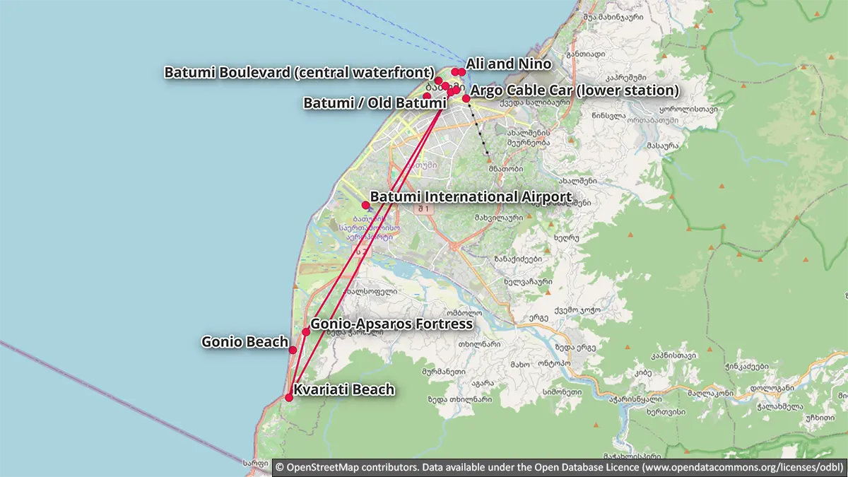 Mapa de la salida por la costa sur desde Batumi a la fortaleza de Gonio y las opciones de playa Gonio o Kvariati