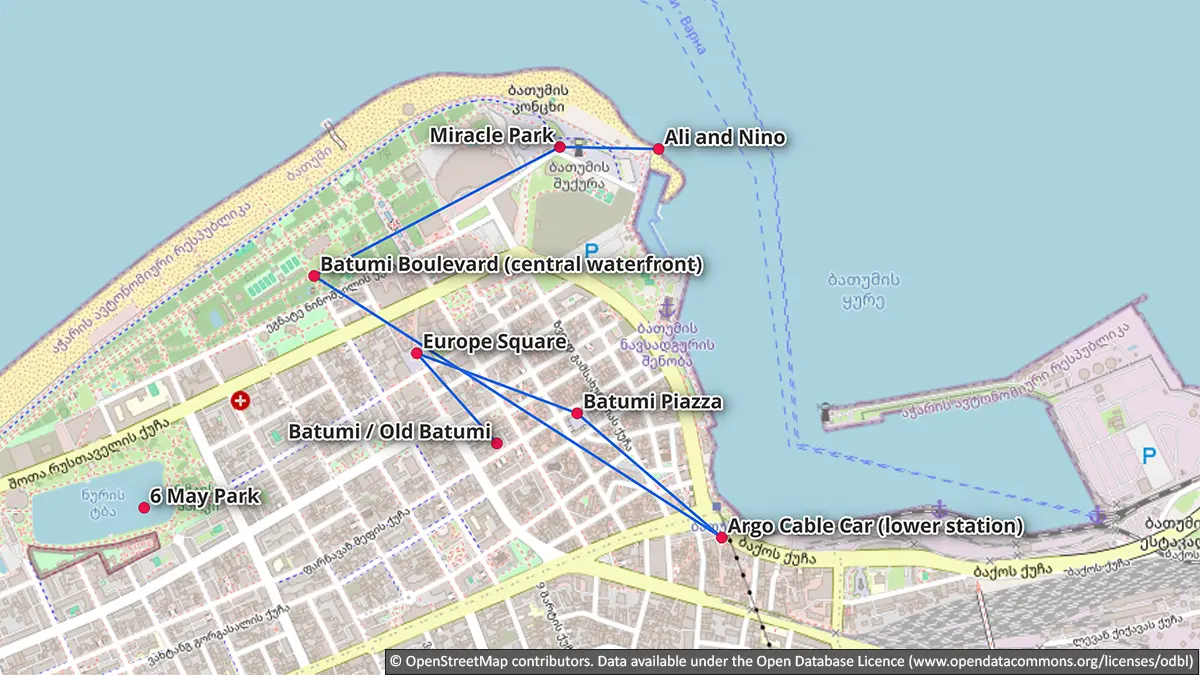 Mapa de una ruta de un día por el casco antiguo, Plaza de Europa, Piazza, el bulevar y Miracle Park