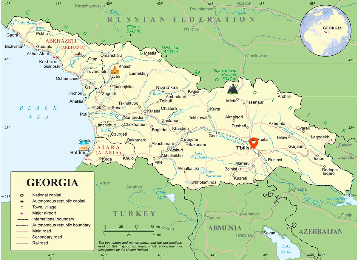 Mapa de Georgia con Tiflis, Kazbegi, Kakheti, Kutaisi, Batumi y Svaneti