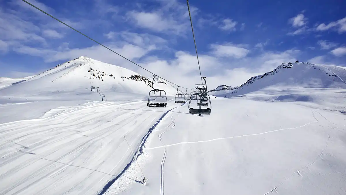 Gudauri ski lift in winter in the Caucasus mountains of Georgia