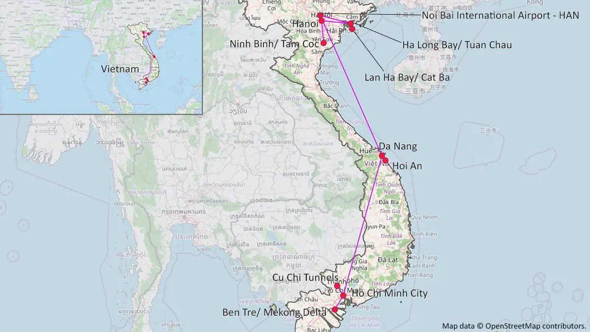 Map showing a 10 day Vietnam itinerary from Hanoi to Hoi An and Ho Chi Minh City
