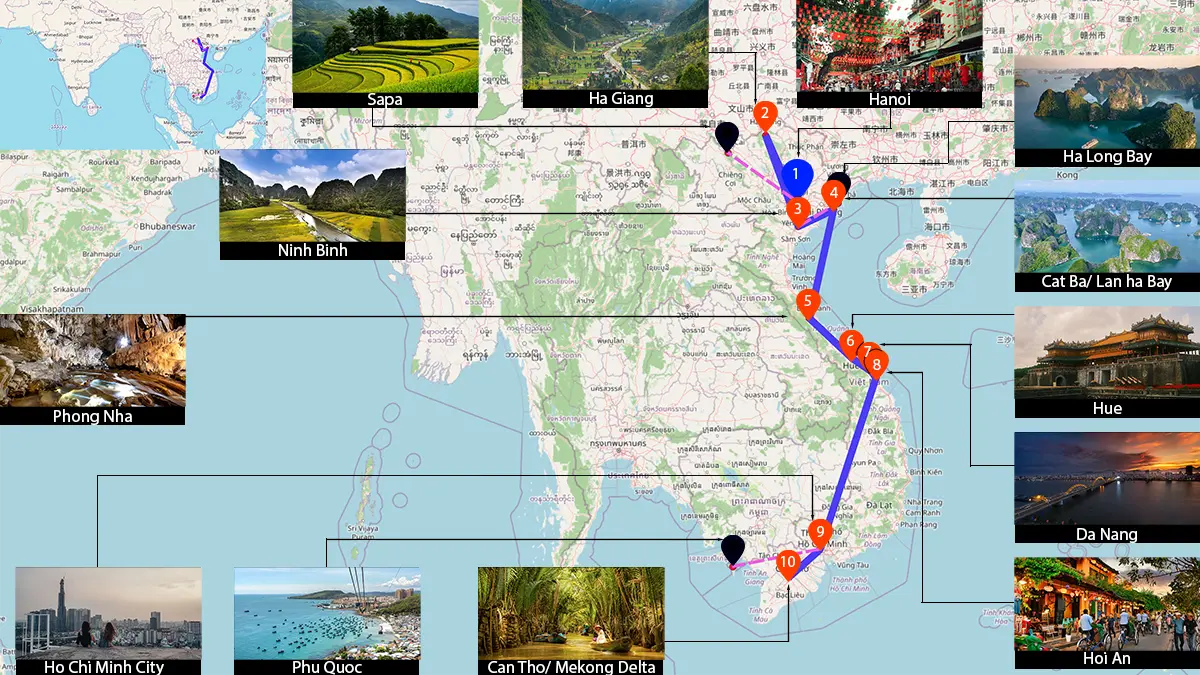Map of a 3 week Vietnam backpacking route from Hanoi to Ho Chi Minh City