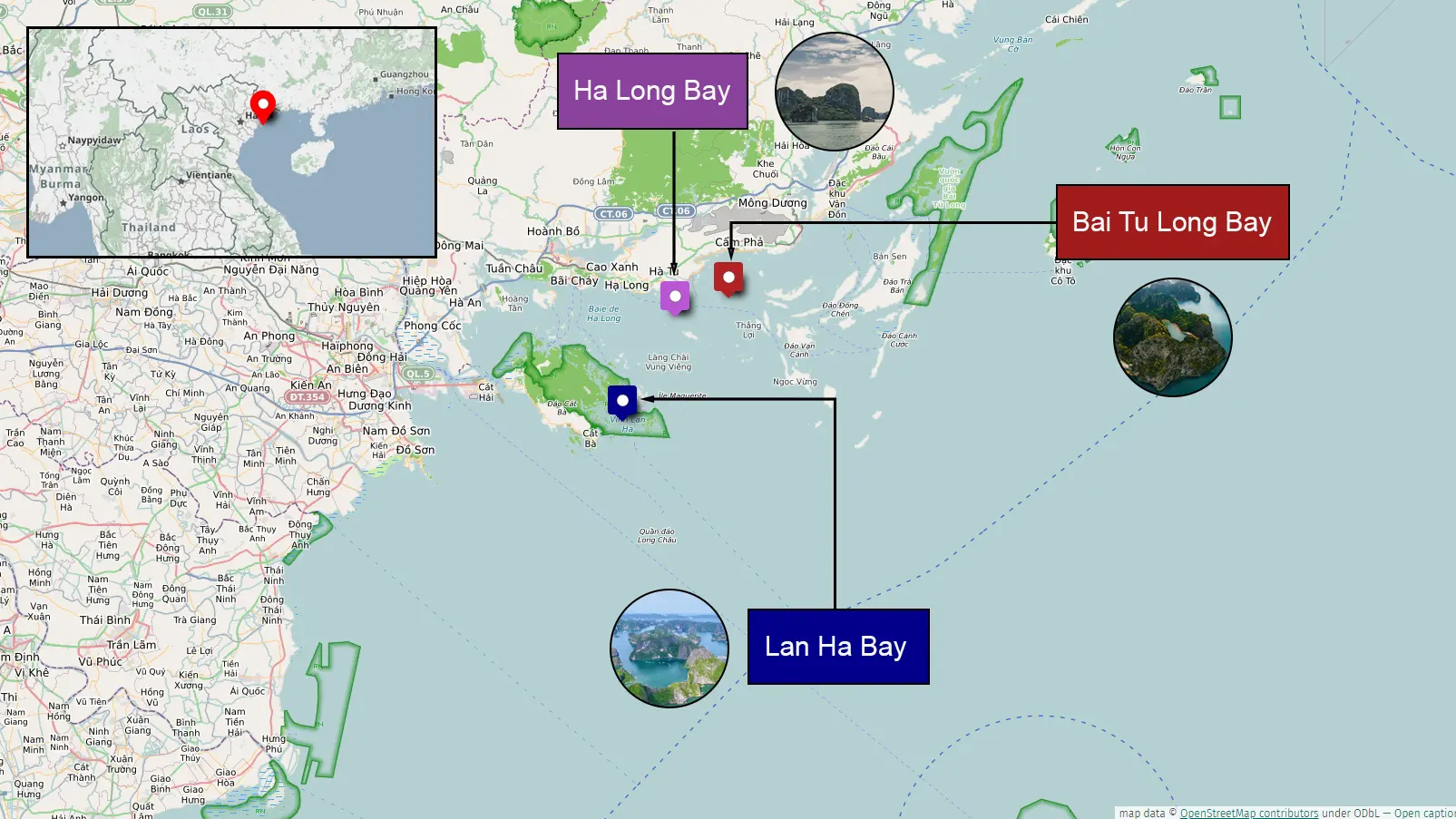 Mapa comparativo de la bahía de Ha Long, la bahía de Lan Ha y la bahía de Bai Tu Long en el norte de Vietnam