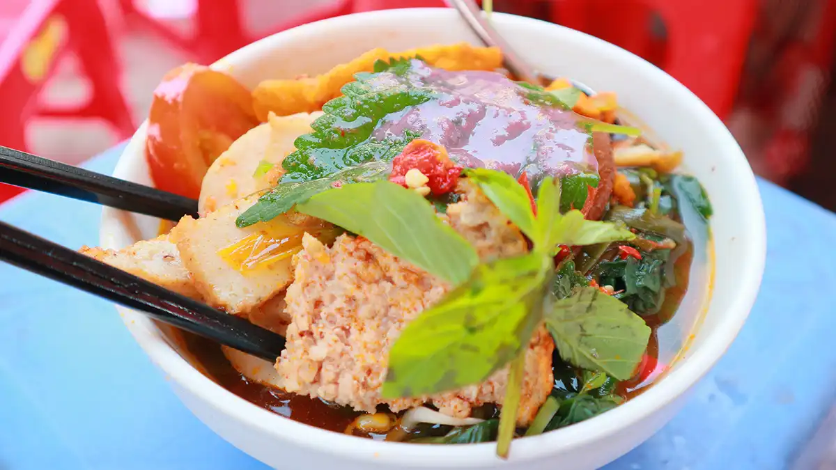 Bowl of bun rieu cua soup in Vietnam