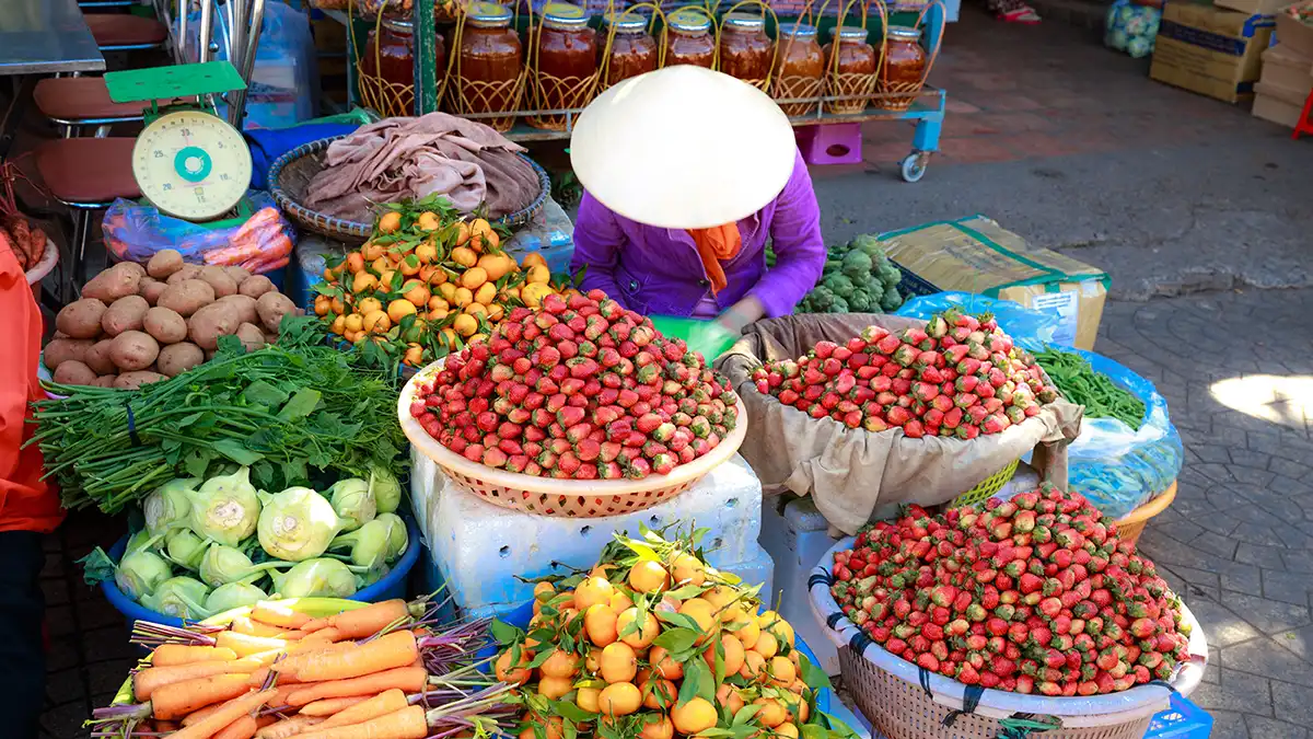 Local market stall with fruit and vegetables in northern Vietnam