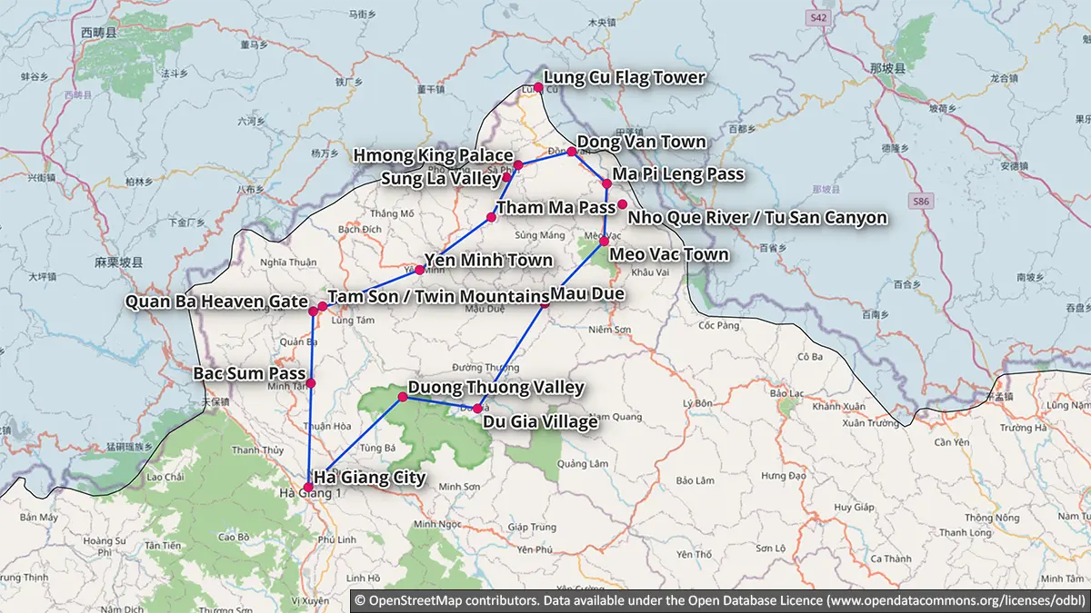 Map showing the recommended four-day Ha Giang Loop from Ha Giang City through Quan Ba, Yen Minh, Dong Van, Ma Pi Leng, Meo Vac and Du Gia