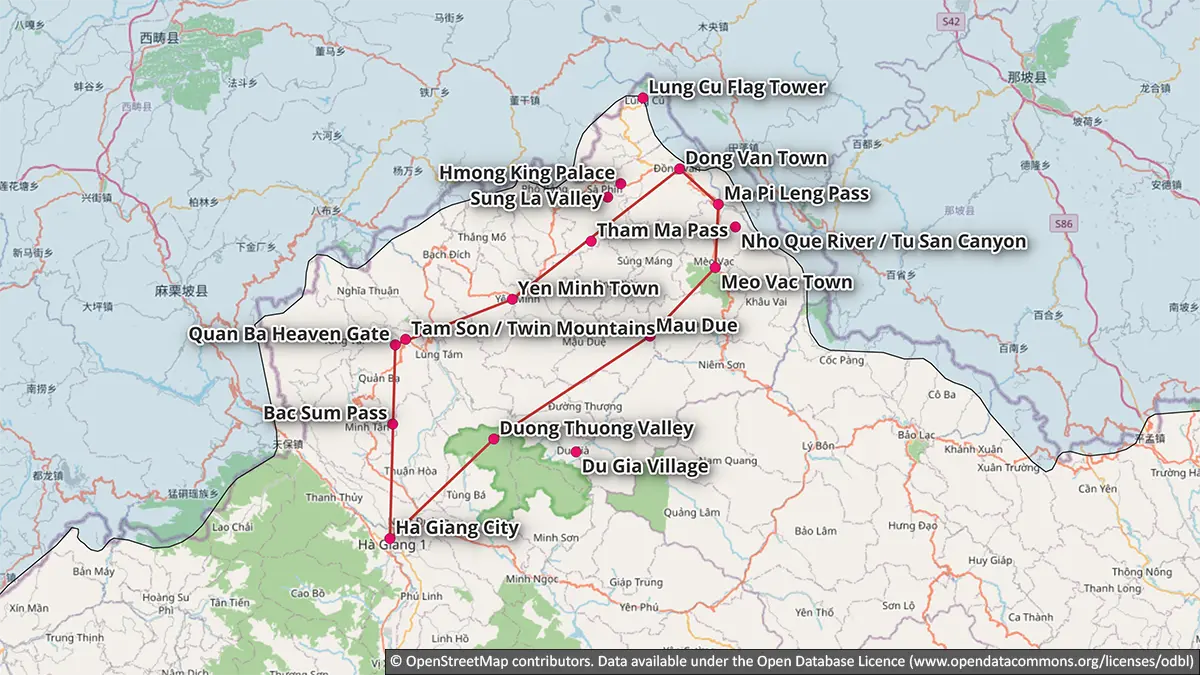 Map showing a faster three-day Ha Giang Loop through Quan Ba, Yen Minh, Dong Van, Ma Pi Leng and Meo Vac