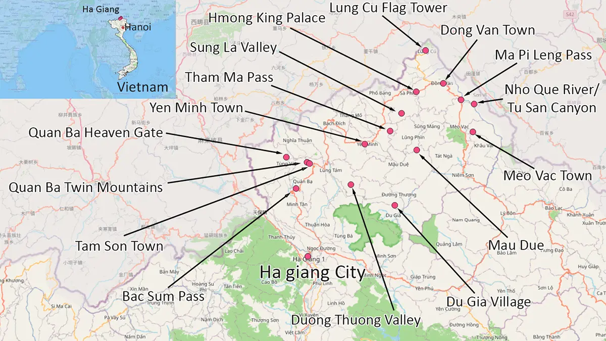 Map of the Ha Giang Loop route from Ha Giang City to Yen Minh, Dong Van, Meo Vac and Du Gia