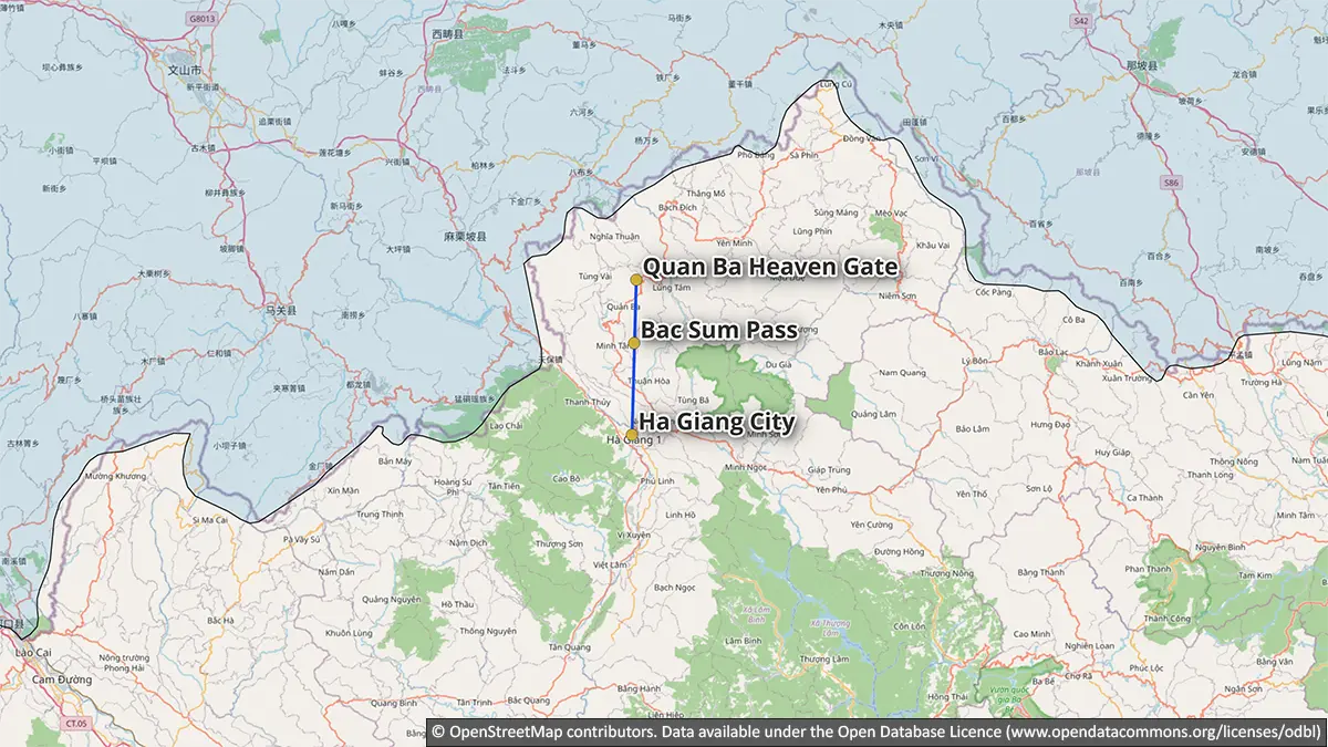 Map showing a short Ha Giang taster route from Ha Giang City toward Bac Sum Pass and Quan Ba Heaven Gate