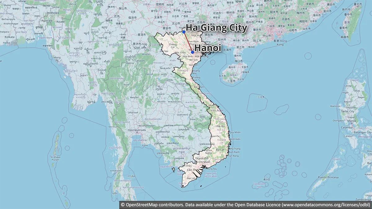 Map showing the road-access relationship between Hanoi and Ha Giang City in northern Vietnam