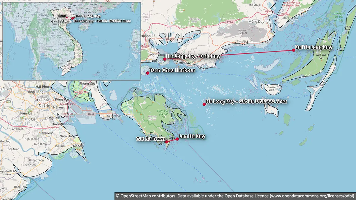Map showing Ha Long City, Tuan Chau Harbour, Cat Ba Town, Ha Long Bay, Lan Ha Bay and Bai Tu Long Bay cruise areas