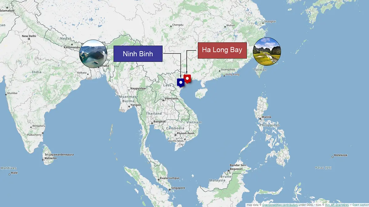 Mapa del norte de Vietnam con la ubicación de la bahía de Ha Long y Ninh Binh