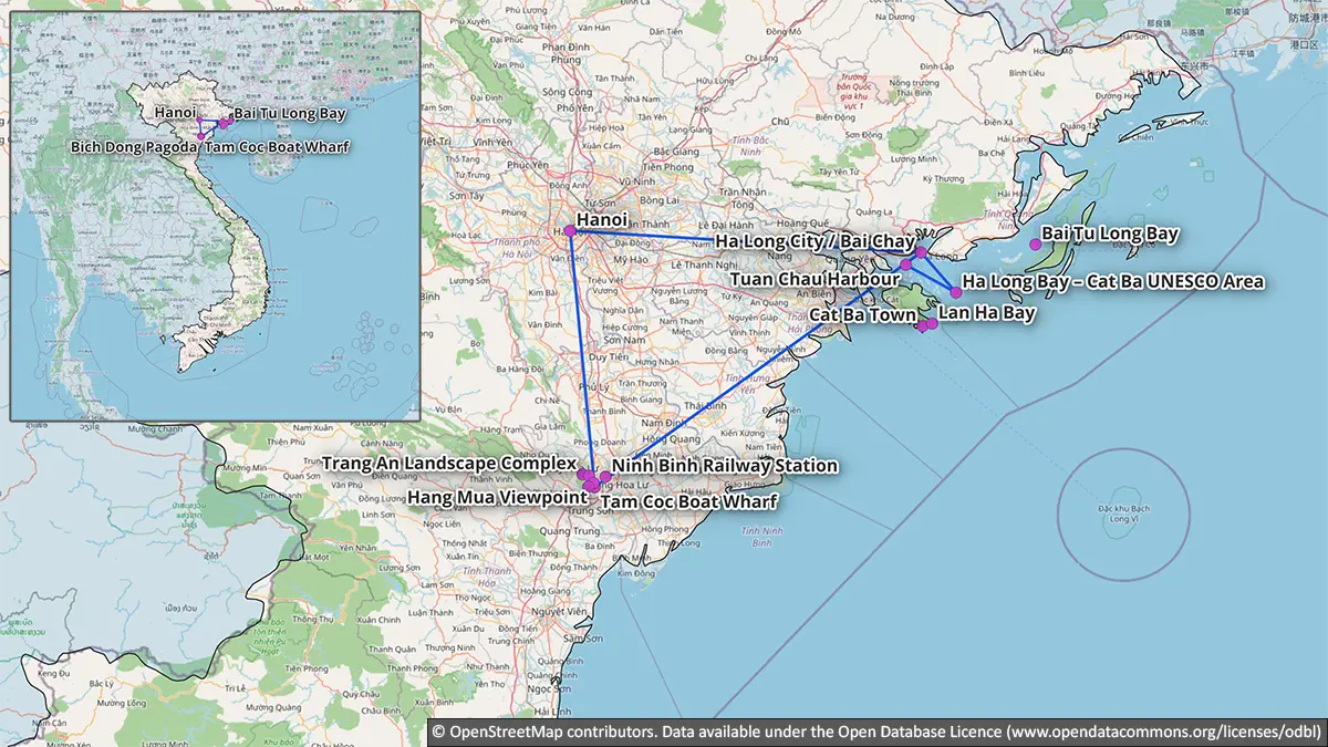 Map comparing routes from Hanoi to Ha Long Bay and Ninh Binh, including a possible direct transfer between the destinations