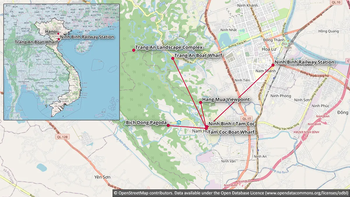 Map showing Ninh Binh Railway Station, Tam Coc, Trang An, Hang Mua and Bich Dong in the Ninh Binh countryside