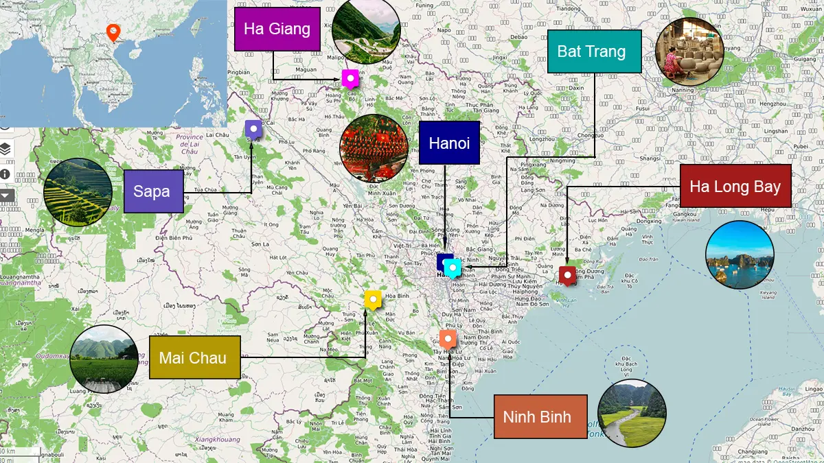 Mapa del norte de Vietnam con Hanói, Ninh Binh, la bahía de Ha Long, Sapa, Ha Giang, Mai Chau y Bat Trang
