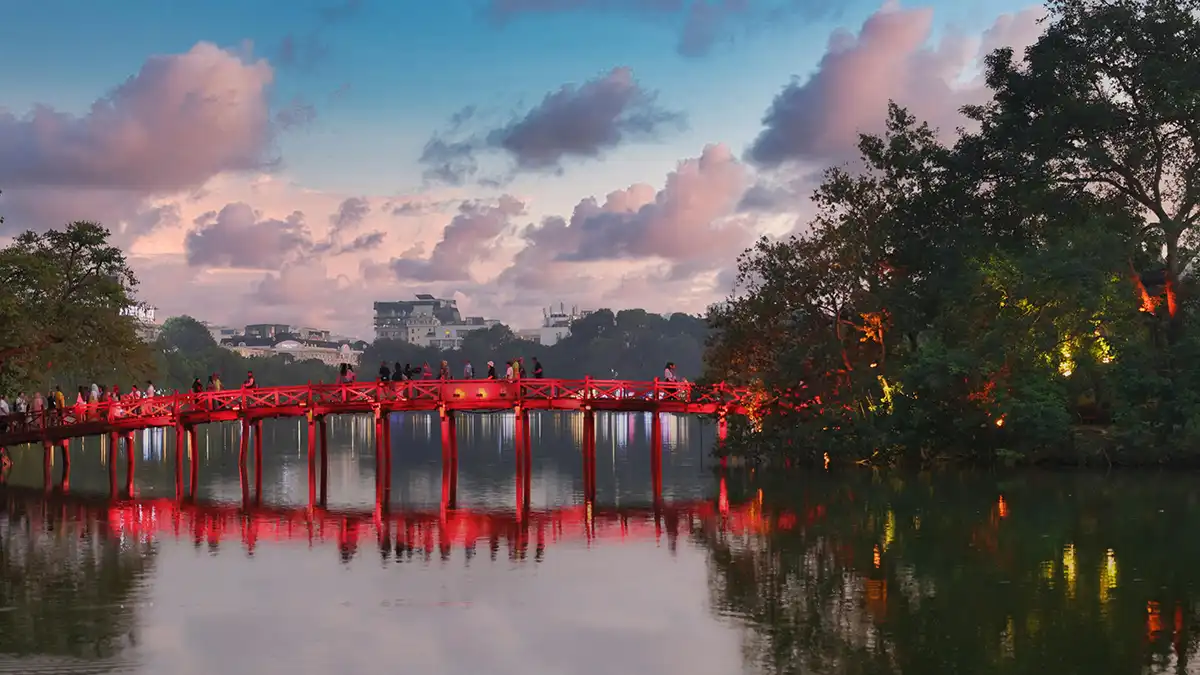 Huc Bridge and Hoan Kiem Lake in Hanoi