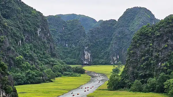 Barcas entre arrozales verdes y montañas kársticas en Ninh Binh, Vietnam