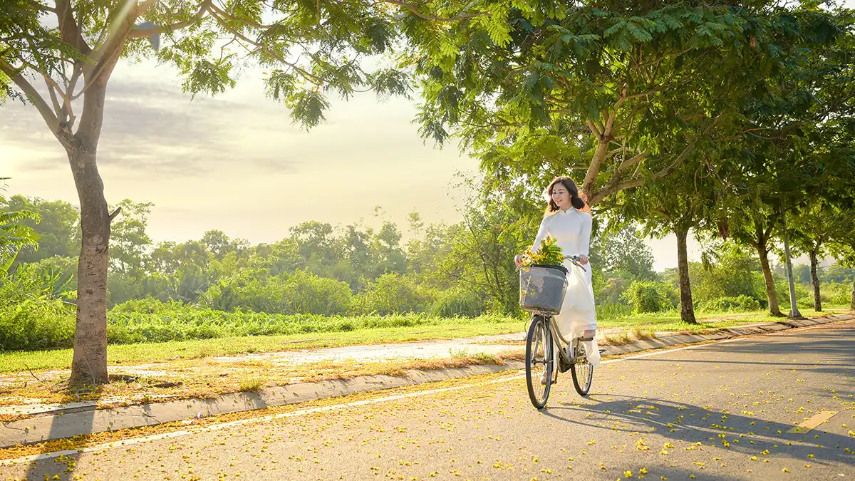 Cyclist riding along a quiet countryside road near Hoi An