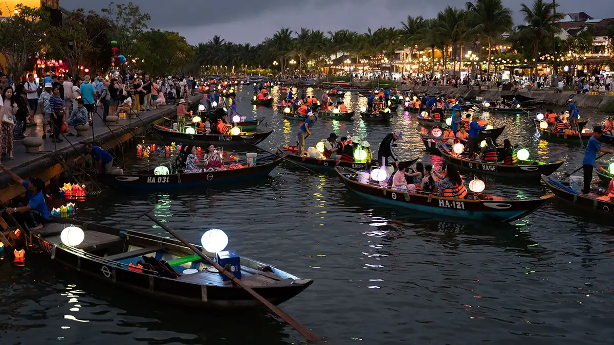 Lantern boats on the Thu Bon River in Hoi An at night