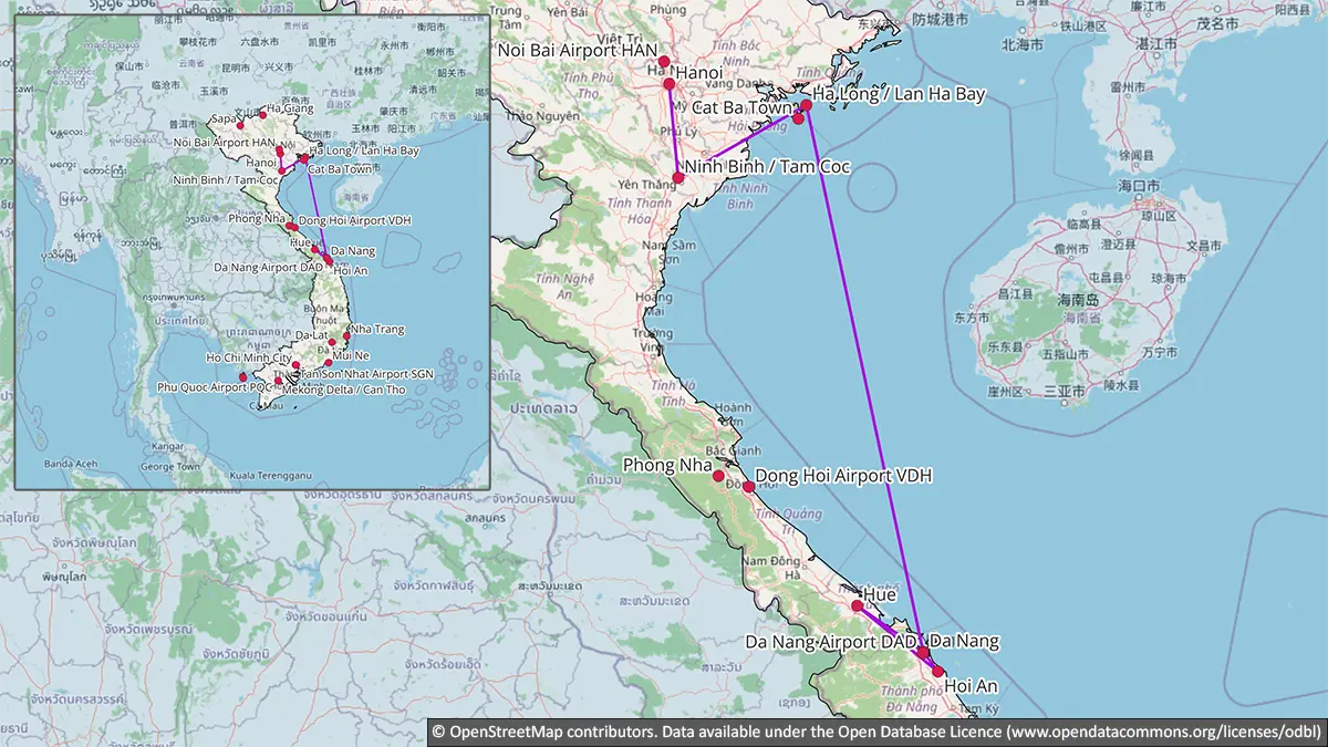 Map showing a ten-day Vietnam route through Hanoi, Ninh Binh, Ha Long or Lan Ha Bay, Da Nang, Hoi An and Hue