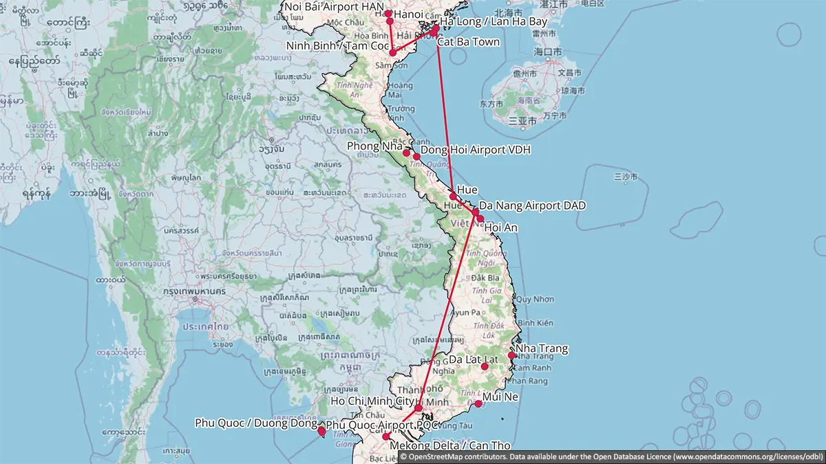 Map showing a classic fourteen-day Vietnam route from Hanoi to Ninh Binh, Ha Long or Lan Ha Bay, Hue, Hoi An, Da Nang and Ho Chi Minh City