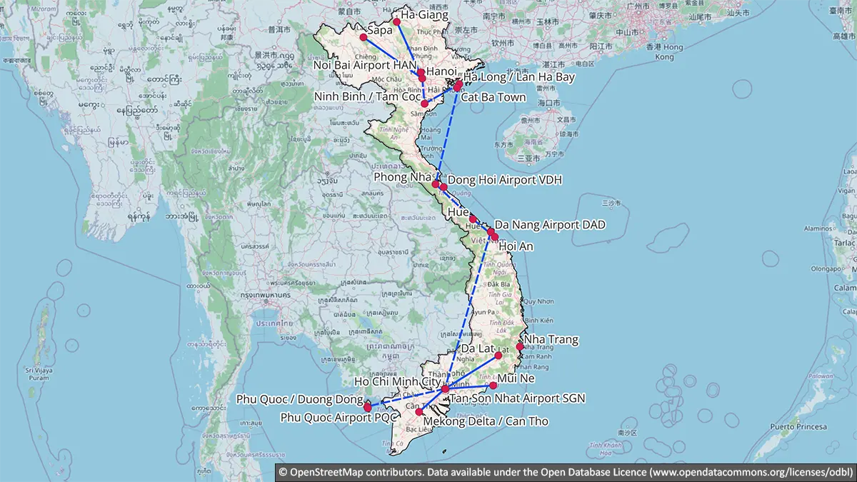 Map showing a three-week Vietnam backpacking route with optional Sapa or Ha Giang and alternative southern extensions