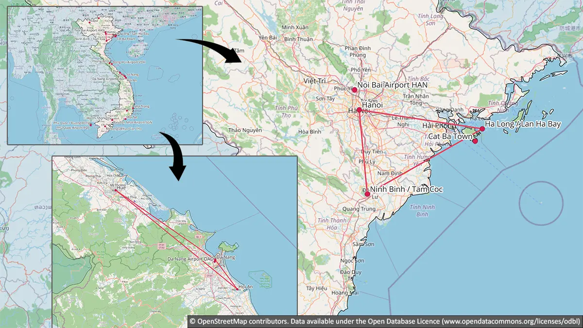 Map comparing a seven-day North Vietnam route with a separate seven-day Central Vietnam route