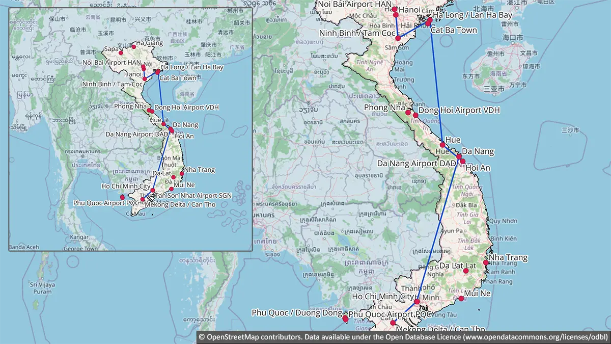 Map showing a practical first-time Vietnam route from Hanoi through Ninh Binh, Ha Long or Lan Ha Bay, Hue, Hoi An, Da Nang and Ho Chi Minh City