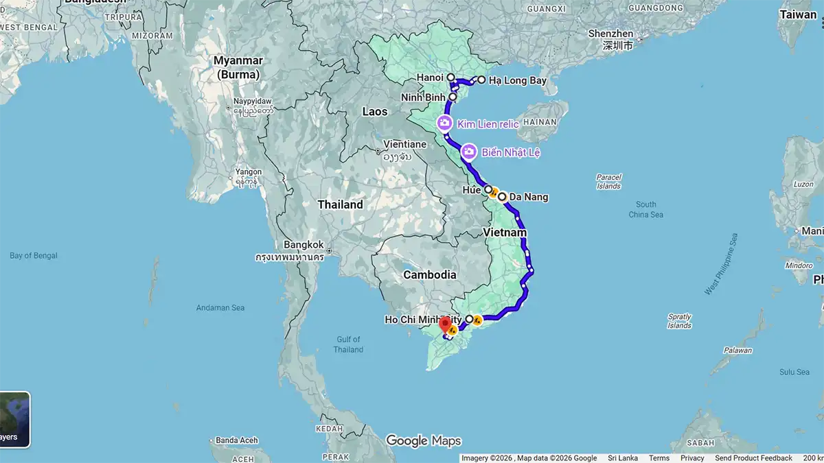 Vietnam travel route map showing north, central and south Vietnam for first-time visitors