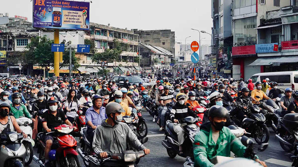 Busy street traffic in Vietnam with motorbikes