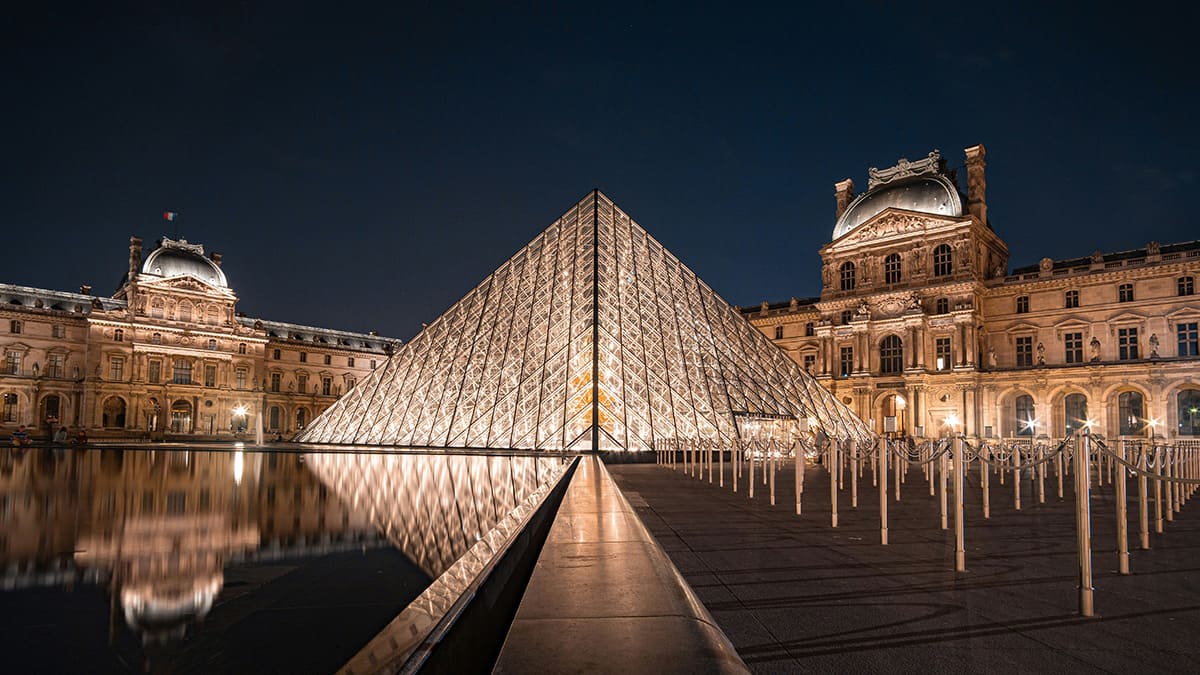 Louvre glass pyramid at night with reflections in water courtyard Paris