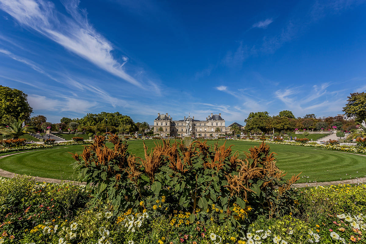 Luxembourg Gardens with palace and landscaped lawn in Paris
