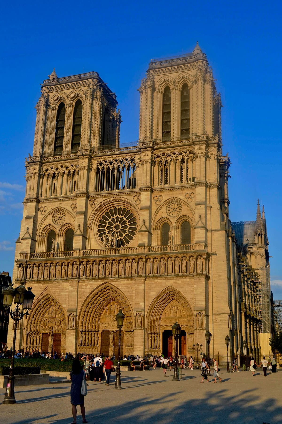 Front view of Notre Dame Cathedral showcasing Gothic architecture in Paris