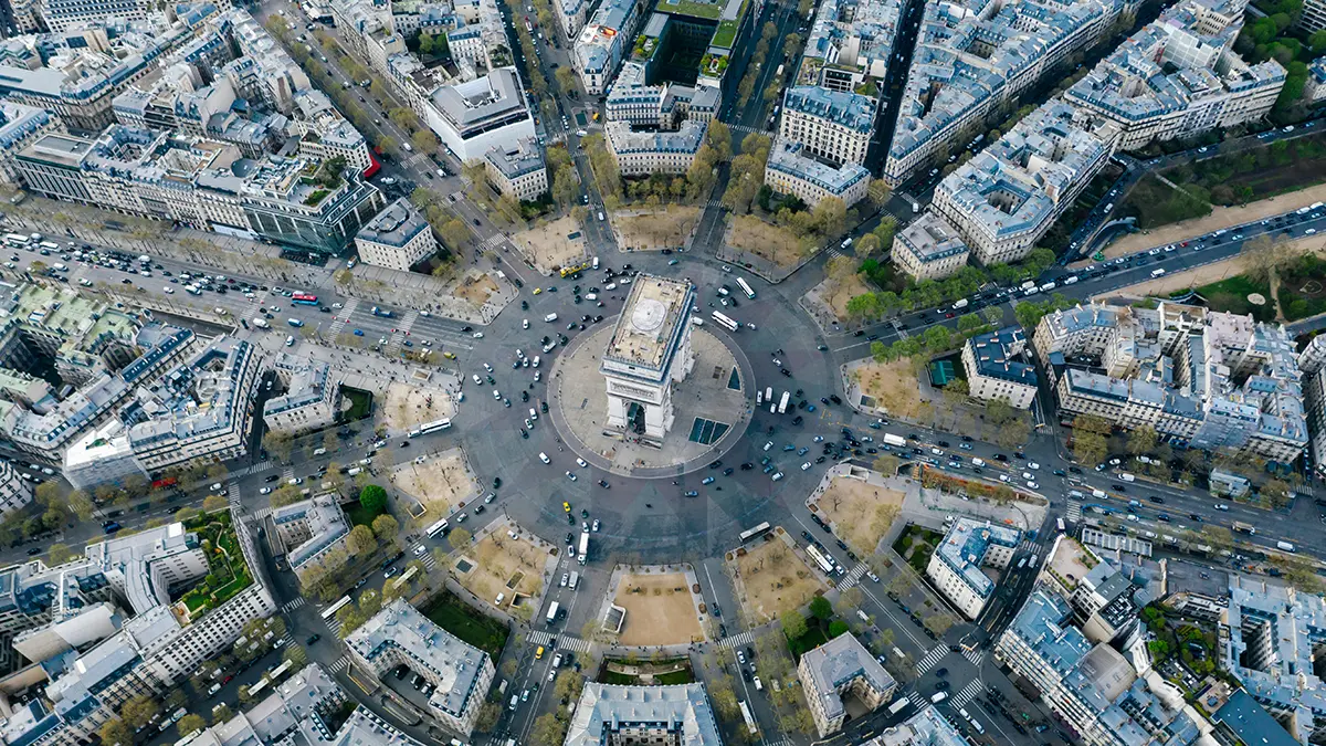 Aerial view of the Arc de Triomphe and radiating Paris avenues