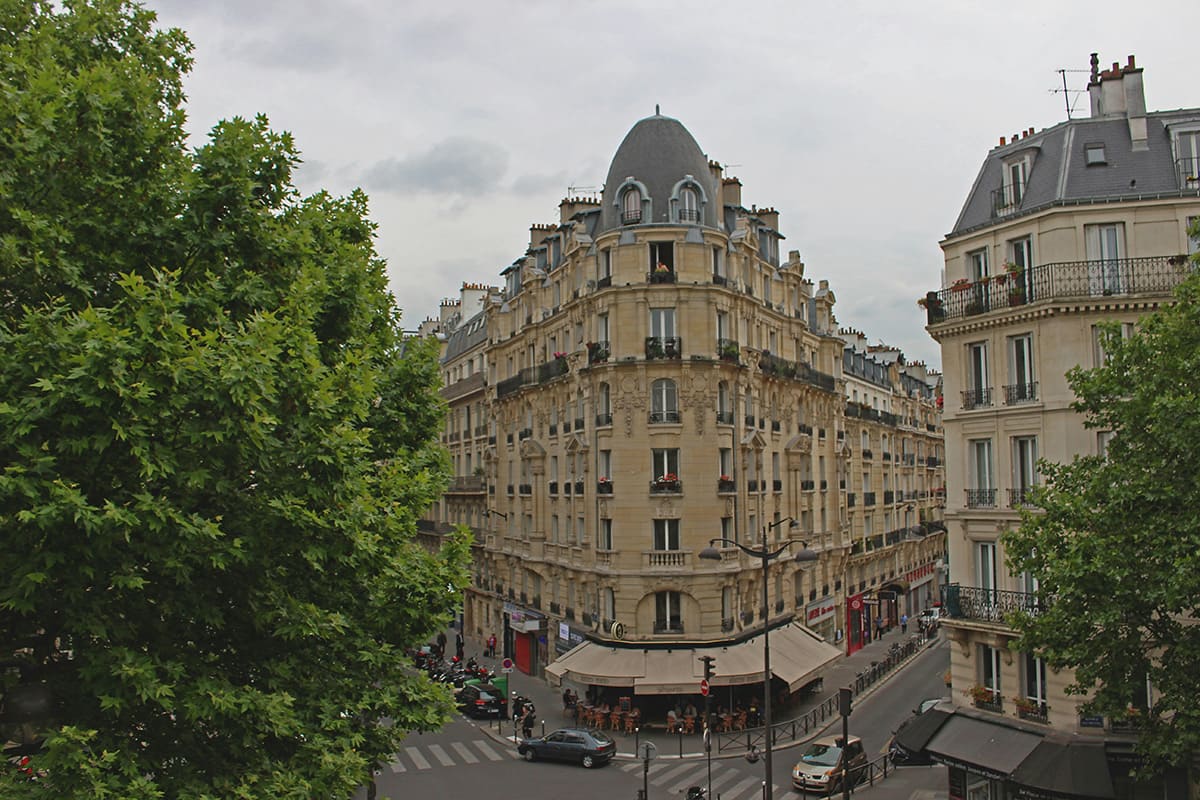 Haussmann style buildings seen from Promenade Plantée elevated walkway in Paris